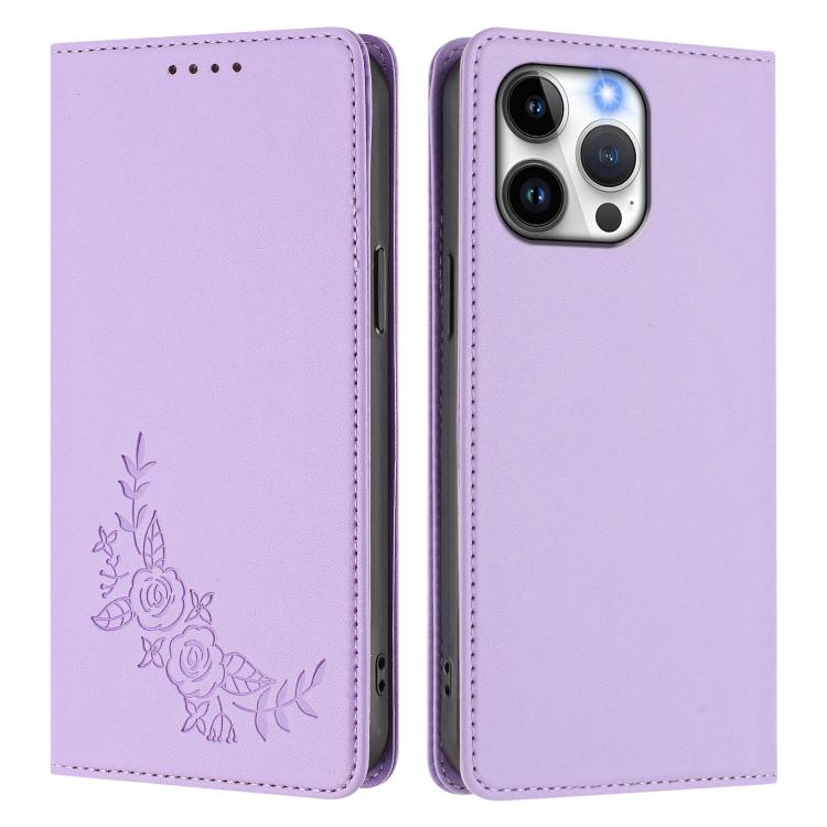 For iPhone 15 Pro Max Peony Embossed Magnetic RFID Vegan Leather Phone Case