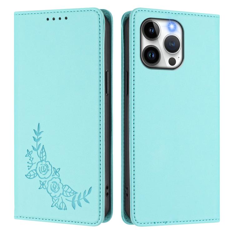 For iPhone 15 Pro Max Peony Embossed Magnetic RFID Vegan Leather Phone Case