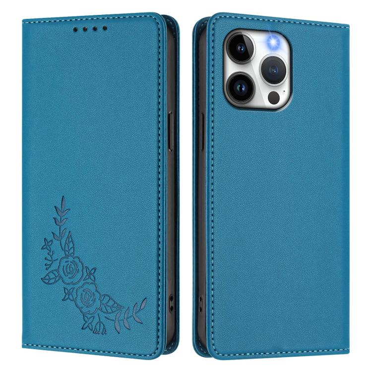 For iPhone 15 Pro Max Peony Embossed Magnetic RFID Vegan Leather Phone Case