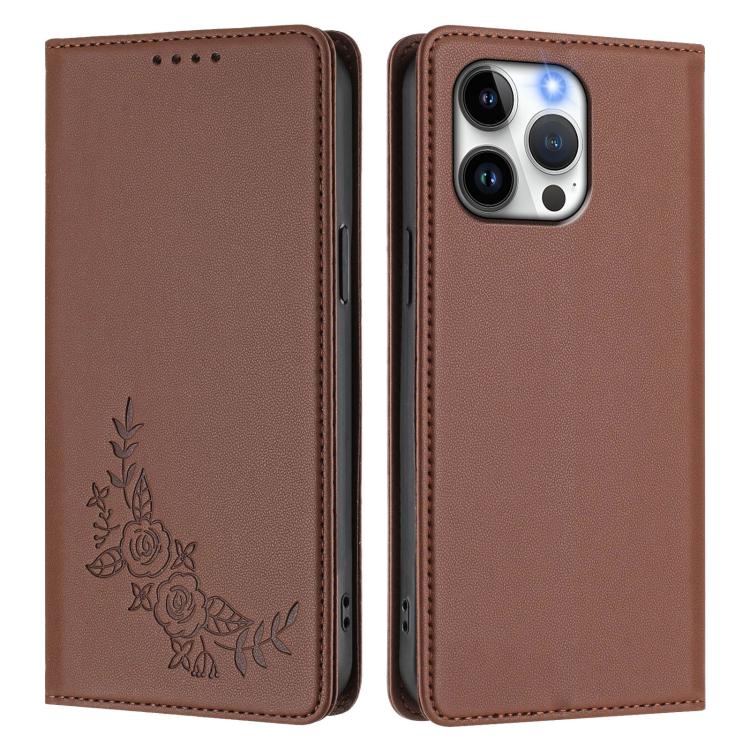 For iPhone 15 Pro Max Peony Embossed Magnetic RFID Vegan Leather Phone Case