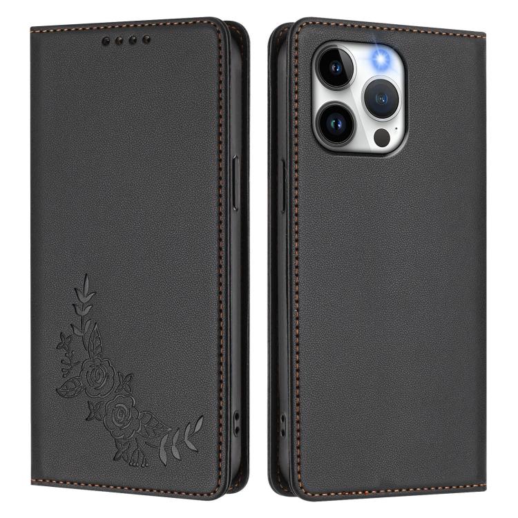 For iPhone 15 Pro Max Peony Embossed Magnetic RFID Vegan Leather Phone Case