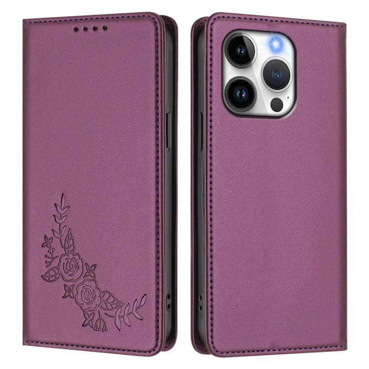 For iPhone 15 Pro Peony Embossed Magnetic RFID Vegan Leather Phone Case