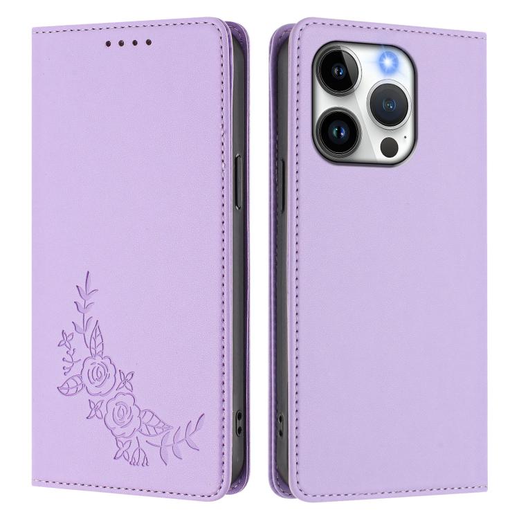 For iPhone 15 Pro Peony Embossed Magnetic RFID Vegan Leather Phone Case
