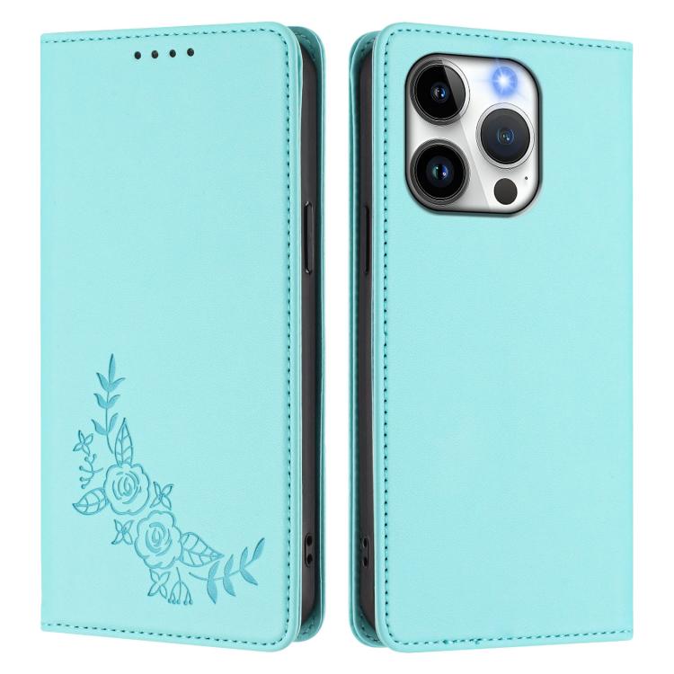 For iPhone 15 Pro Peony Embossed Magnetic RFID Vegan Leather Phone Case