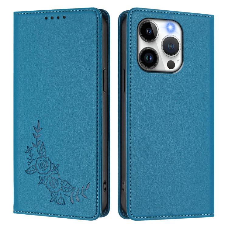For iPhone 15 Pro Peony Embossed Magnetic RFID Vegan Leather Phone Case