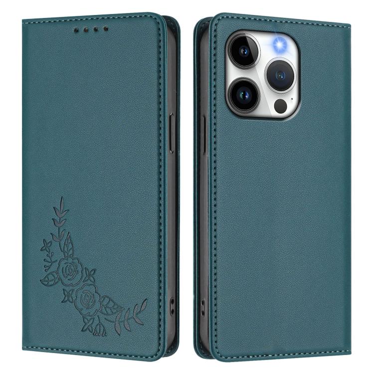 For iPhone 15 Pro Peony Embossed Magnetic RFID Vegan Leather Phone Case