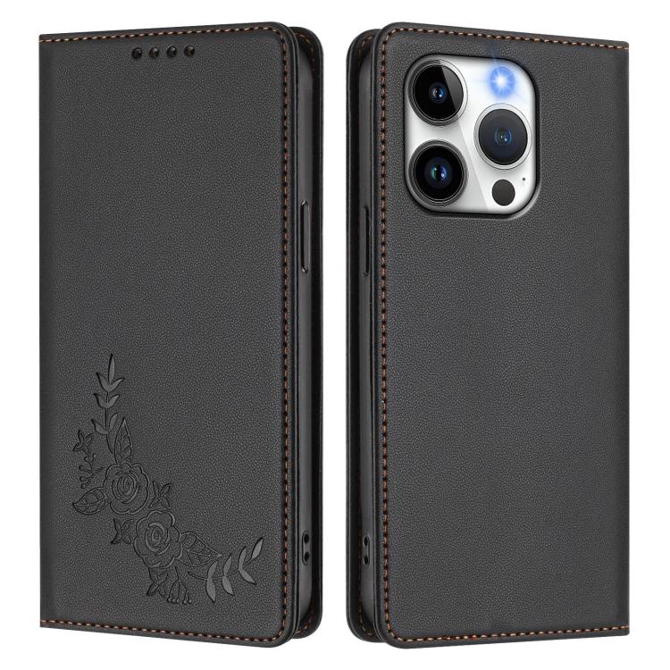 For iPhone 15 Pro Peony Embossed Magnetic RFID Vegan Leather Phone Case