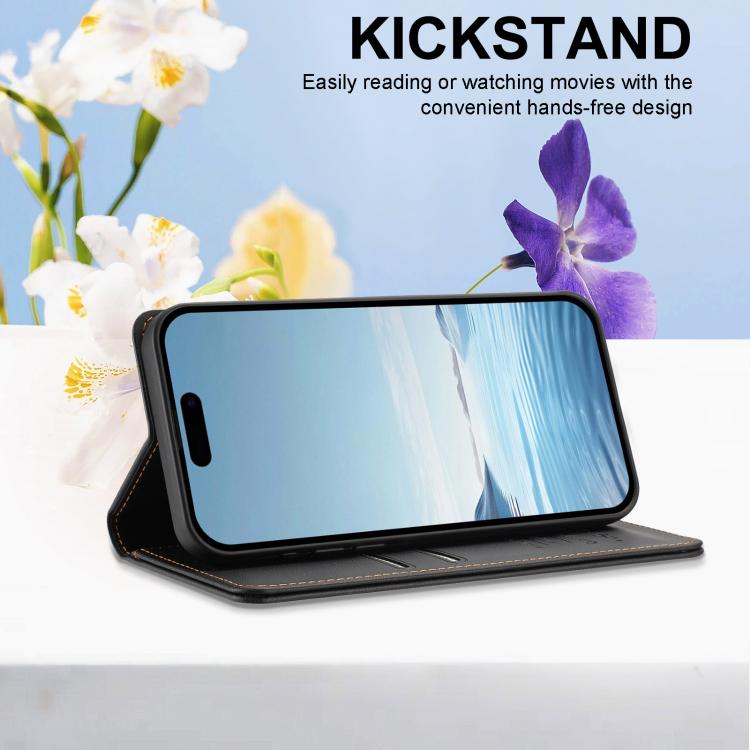 For iPhone 15 Pro Peony Embossed Magnetic RFID Vegan Leather Phone Case