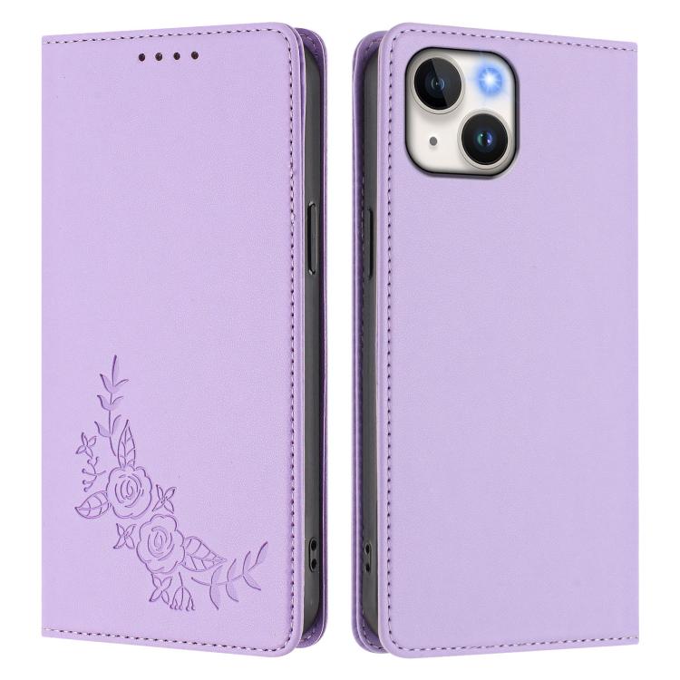 For iPhone 15 Peony Embossed Magnetic RFID Vegan Leather Phone Case
