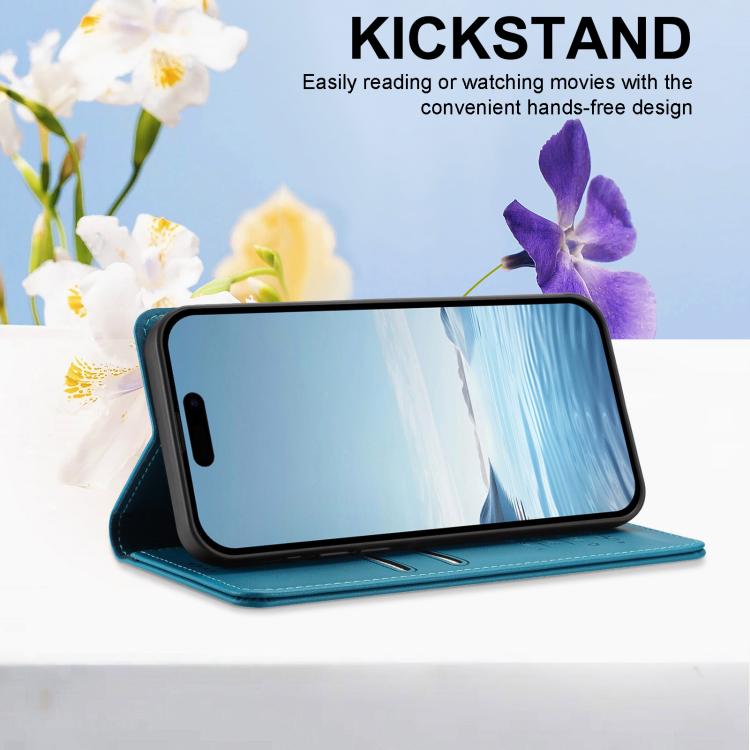 For iPhone 15 Peony Embossed Magnetic RFID Vegan Leather Phone Case
