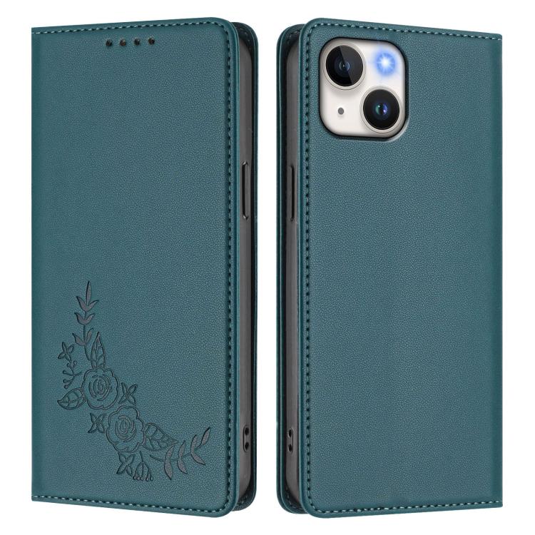 For iPhone 15 Peony Embossed Magnetic RFID Vegan Leather Phone Case