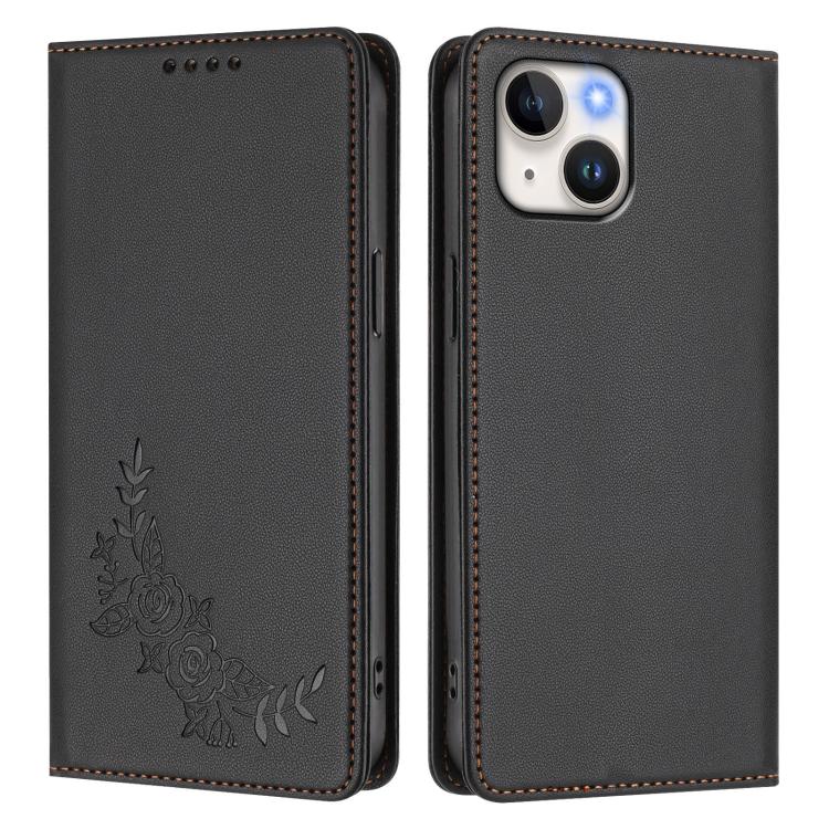 For iPhone 15 Peony Embossed Magnetic RFID Vegan Leather Phone Case