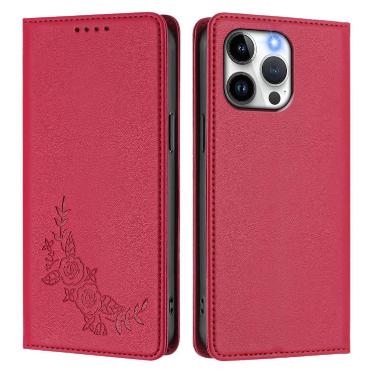 For iPhone 14 Pro Max Peony Embossed Magnetic RFID Vegan Leather Phone Case