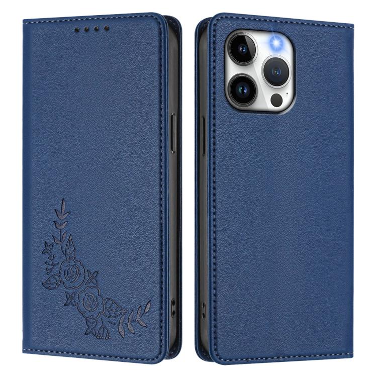 For iPhone 14 Pro Max Peony Embossed Magnetic RFID Vegan Leather Phone Case