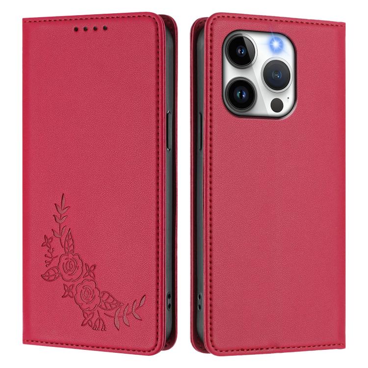 For iPhone 14 Pro Peony Embossed Magnetic RFID Vegan Leather Phone Case