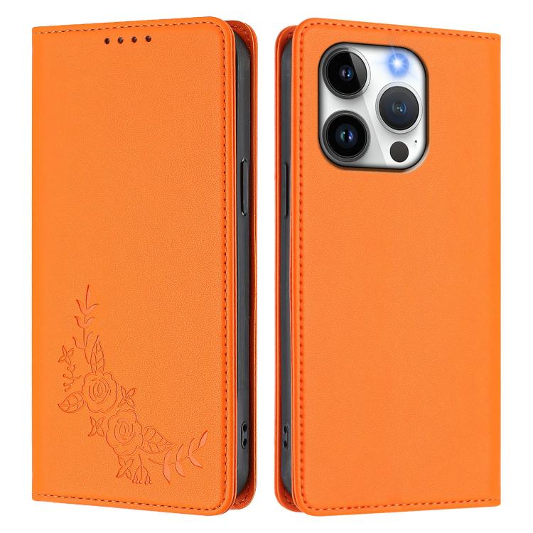For iPhone 14 Pro Peony Embossed Magnetic RFID Vegan Leather Phone Case