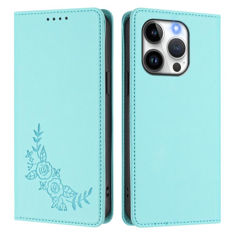 For iPhone 14 Pro Peony Embossed Magnetic RFID Vegan Leather Phone Case