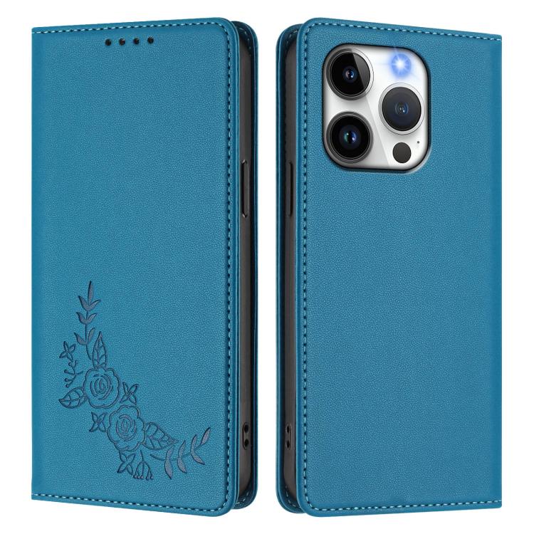 For iPhone 14 Pro Peony Embossed Magnetic RFID Vegan Leather Phone Case