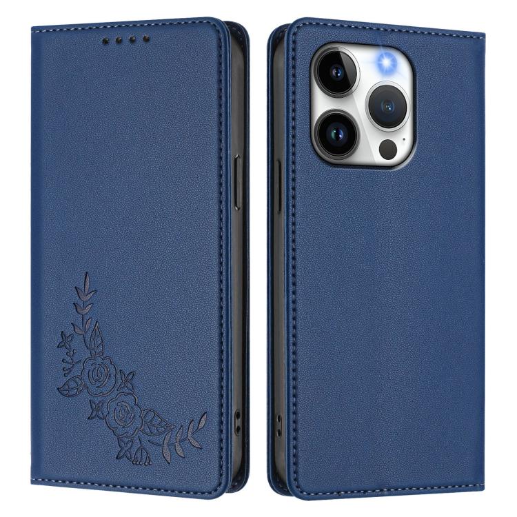 For iPhone 14 Pro Peony Embossed Magnetic RFID Vegan Leather Phone Case