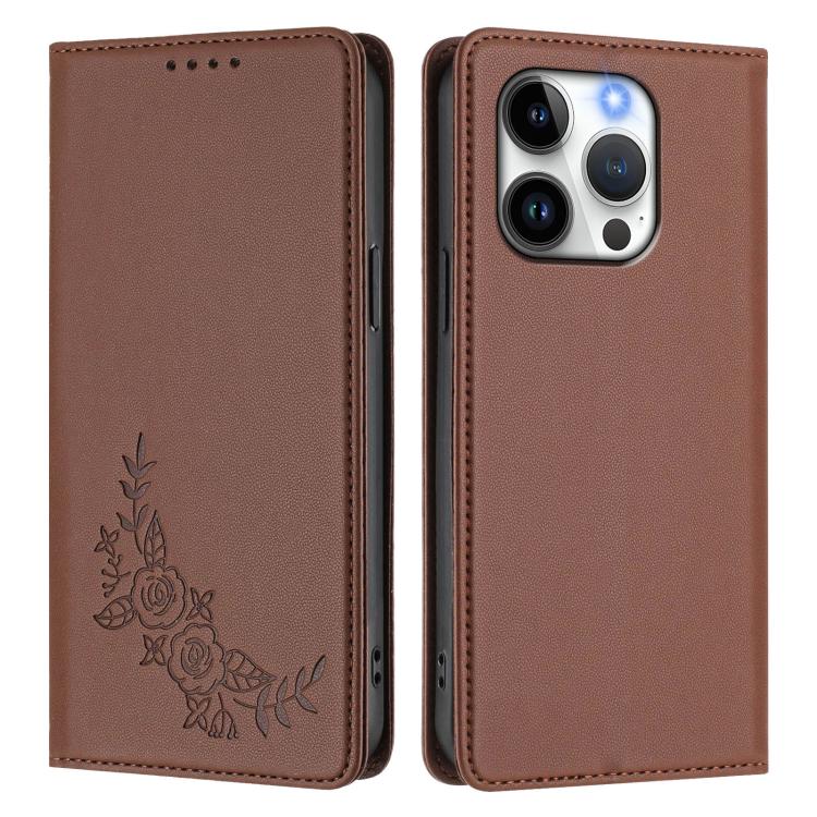 For iPhone 14 Pro Peony Embossed Magnetic RFID Vegan Leather Phone Case