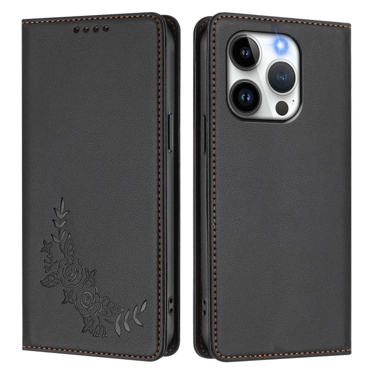 For iPhone 14 Pro Peony Embossed Magnetic RFID Vegan Leather Phone Case
