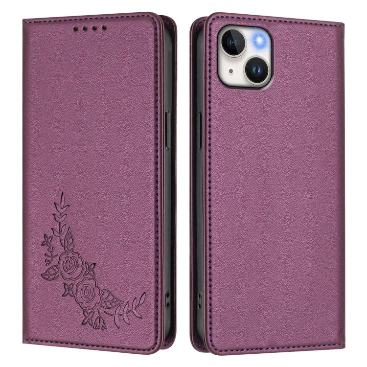 For iPhone 14 Plus Peony Embossed Magnetic RFID Vegan Leather Phone Case