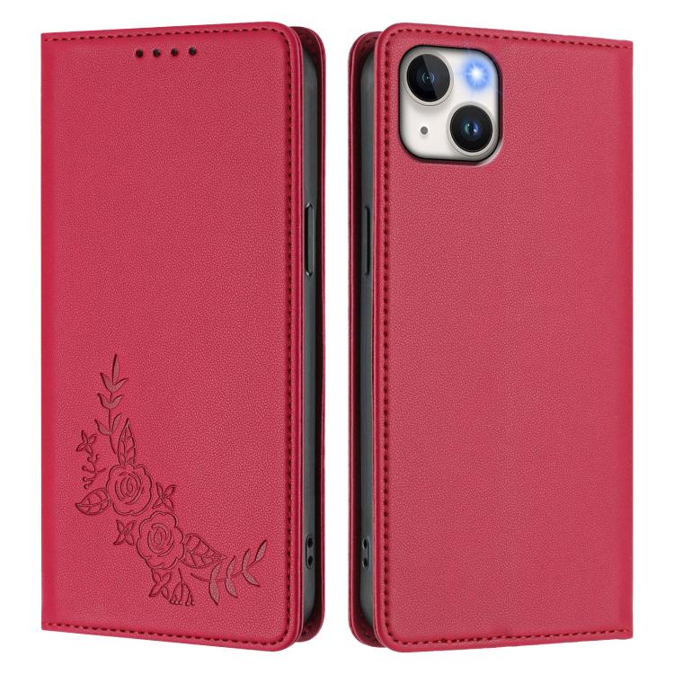 For iPhone 14 Plus Peony Embossed Magnetic RFID Vegan Leather Phone Case