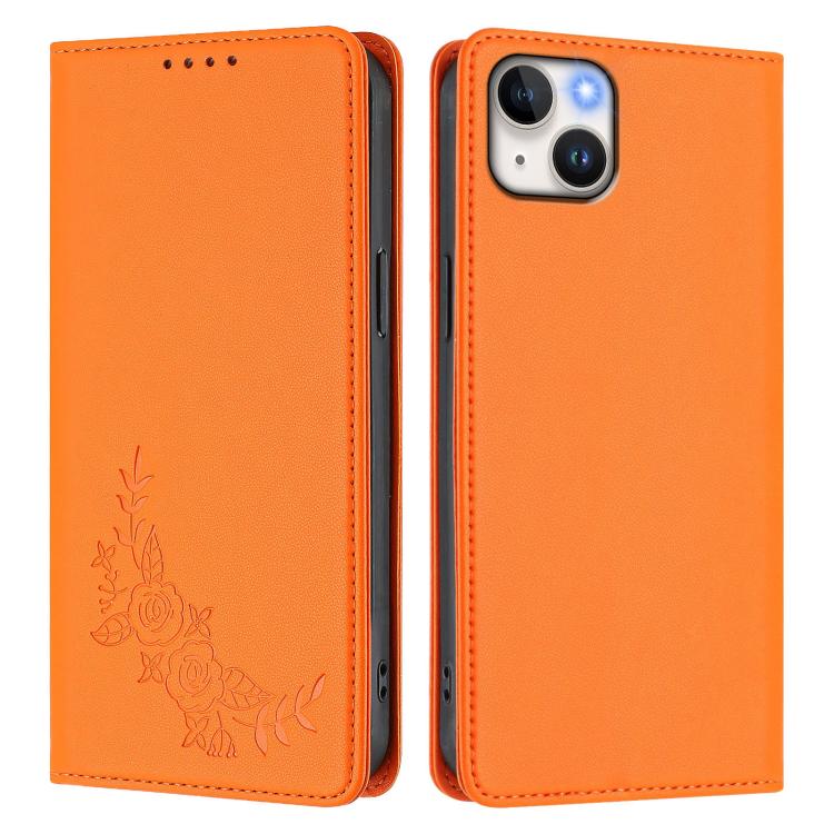 For iPhone 14 Plus Peony Embossed Magnetic RFID Vegan Leather Phone Case