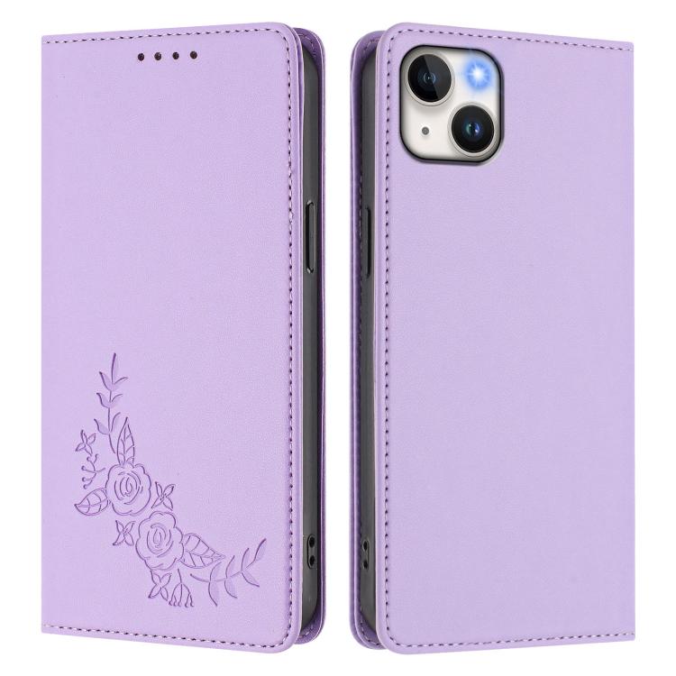 For iPhone 14 Plus Peony Embossed Magnetic RFID Vegan Leather Phone Case