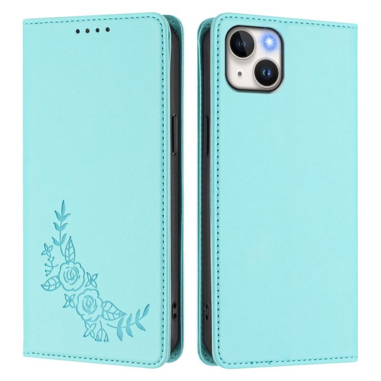 For iPhone 14 Plus Peony Embossed Magnetic RFID Vegan Leather Phone Case