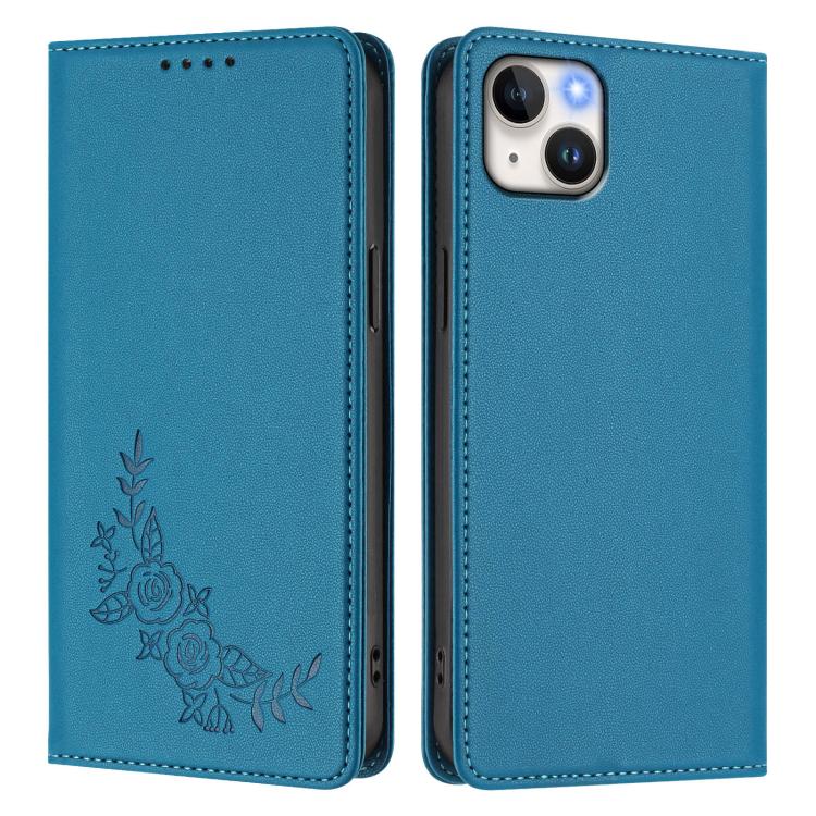 For iPhone 14 Plus Peony Embossed Magnetic RFID Vegan Leather Phone Case