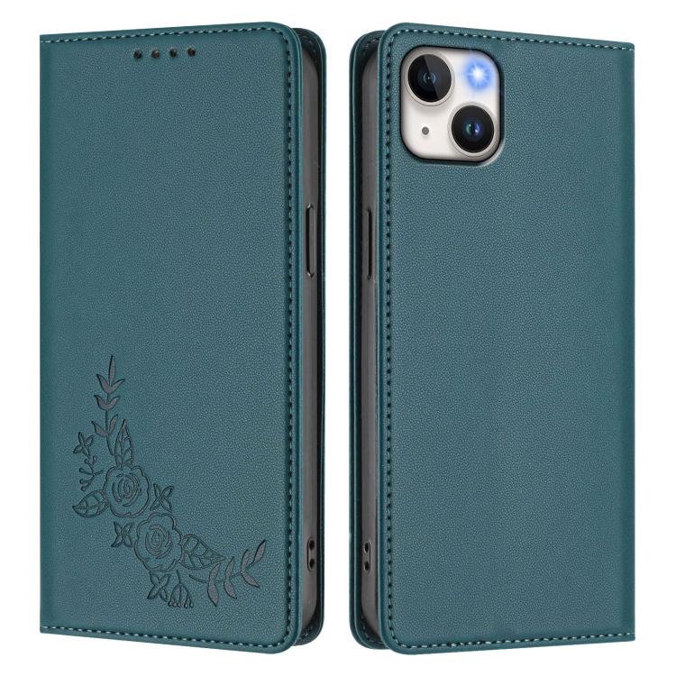 For iPhone 14 Plus Peony Embossed Magnetic RFID Vegan Leather Phone Case