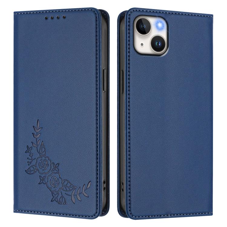 For iPhone 14 Plus Peony Embossed Magnetic RFID Vegan Leather Phone Case