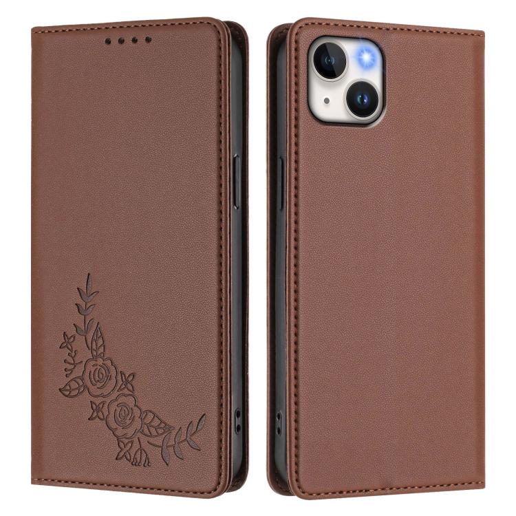 For iPhone 14 Plus Peony Embossed Magnetic RFID Vegan Leather Phone Case
