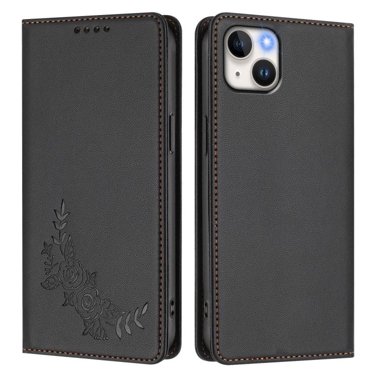 For iPhone 14 Plus Peony Embossed Magnetic RFID Vegan Leather Phone Case