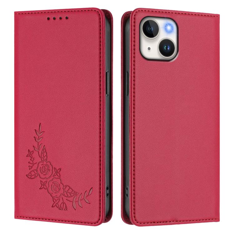 For iPhone 14 / 13 Peony Embossed Magnetic RFID Vegan Leather Phone Case