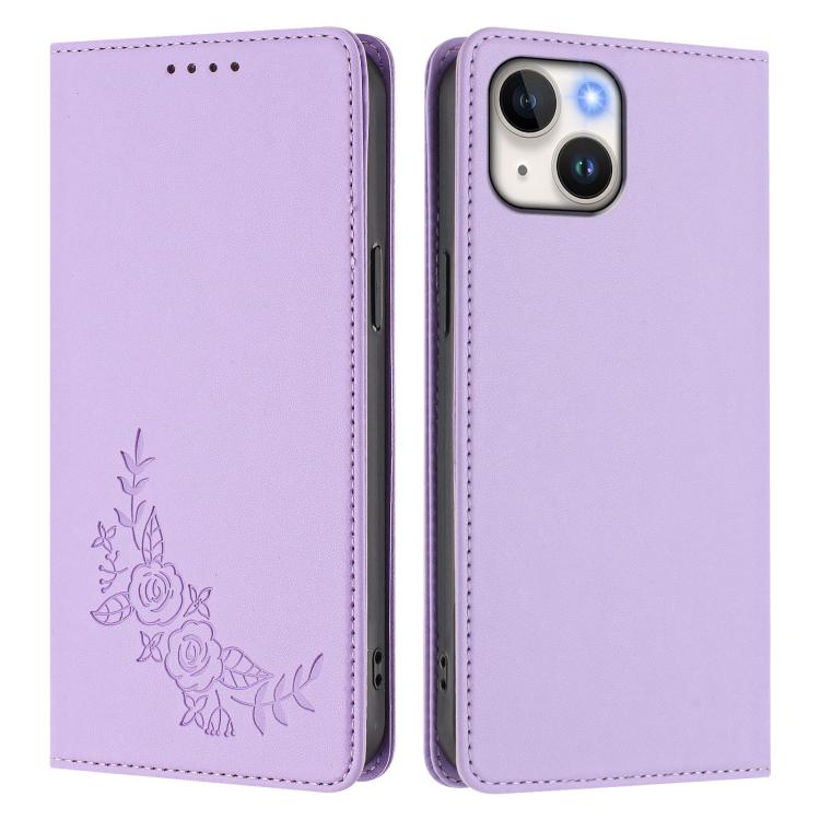 For iPhone 14 / 13 Peony Embossed Magnetic RFID Vegan Leather Phone Case