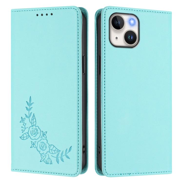 For iPhone 14 / 13 Peony Embossed Magnetic RFID Vegan Leather Phone Case