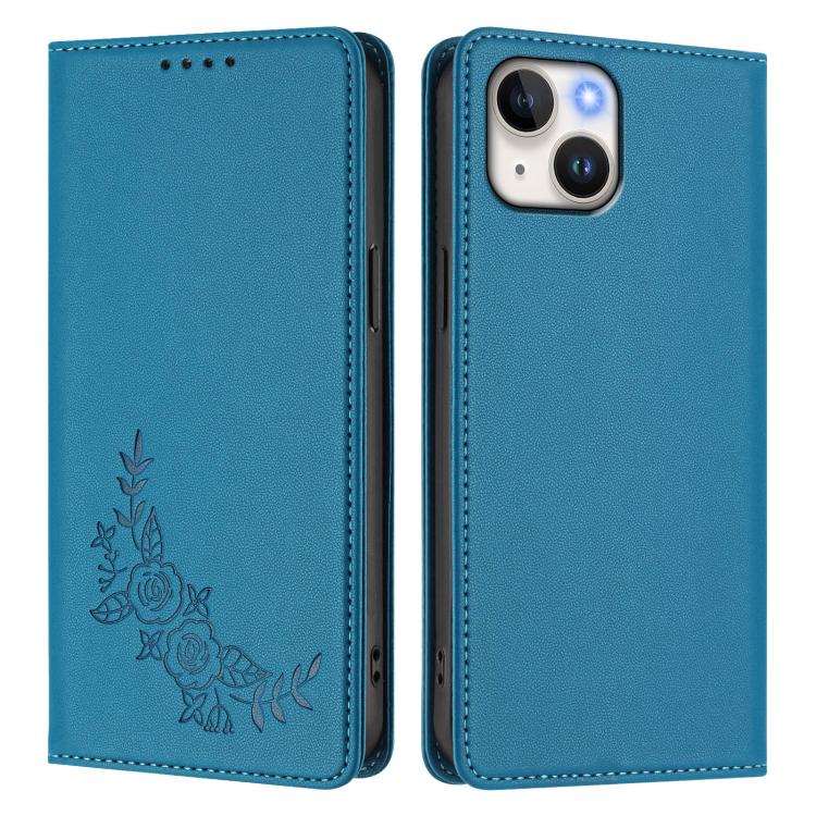 For iPhone 14 / 13 Peony Embossed Magnetic RFID Vegan Leather Phone Case
