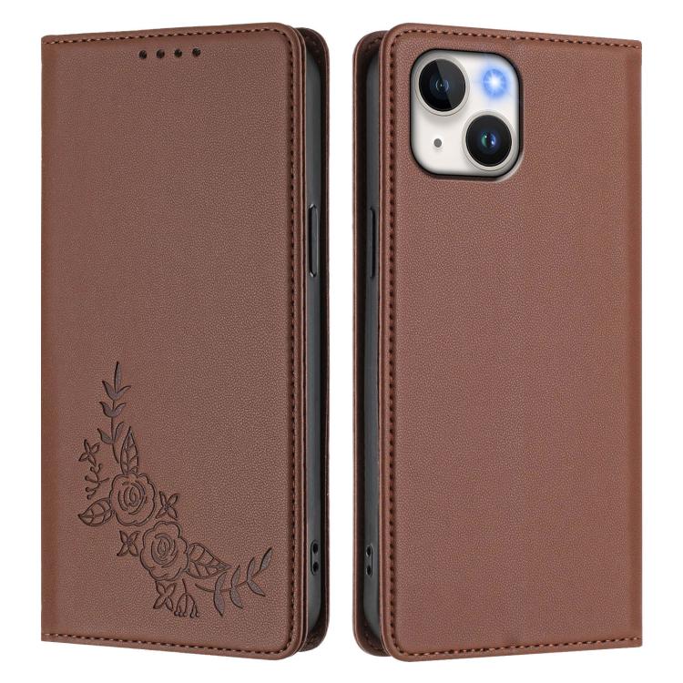 For iPhone 14 / 13 Peony Embossed Magnetic RFID Vegan Leather Phone Case
