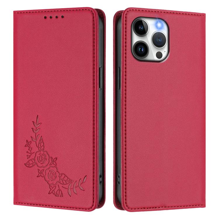 For iPhone 13 Pro Max Peony Embossed Magnetic RFID Vegan Leather Phone Case