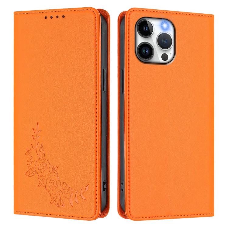For iPhone 13 Pro Max Peony Embossed Magnetic RFID Vegan Leather Phone Case