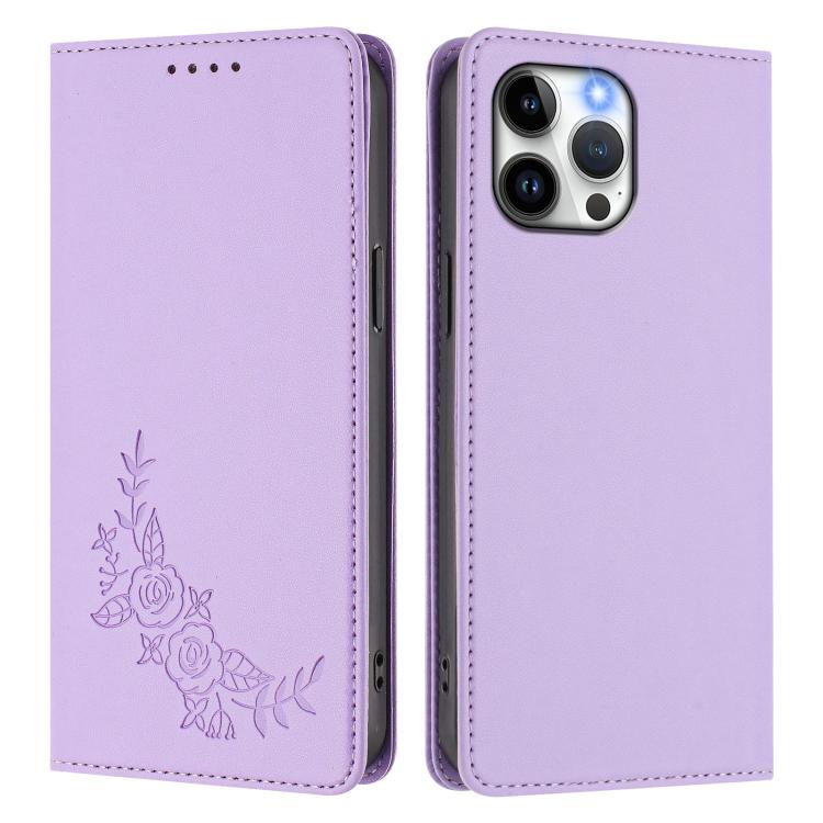 For iPhone 13 Pro Max Peony Embossed Magnetic RFID Vegan Leather Phone Case