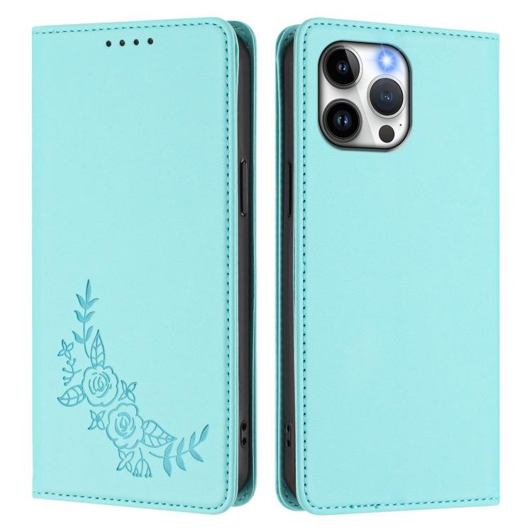 For iPhone 13 Pro Max Peony Embossed Magnetic RFID Vegan Leather Phone Case