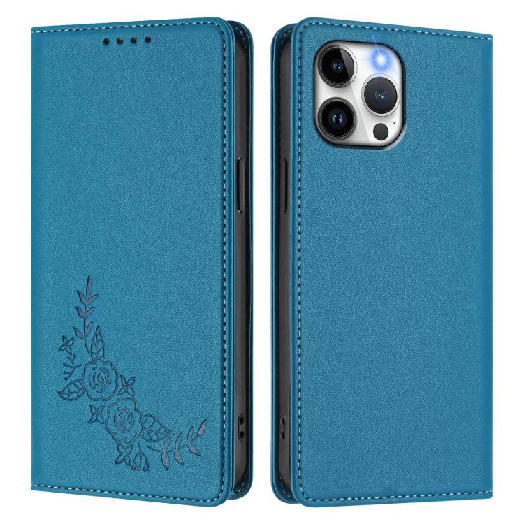For iPhone 13 Pro Max Peony Embossed Magnetic RFID Vegan Leather Phone Case