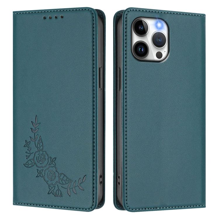 For iPhone 13 Pro Max Peony Embossed Magnetic RFID Vegan Leather Phone Case