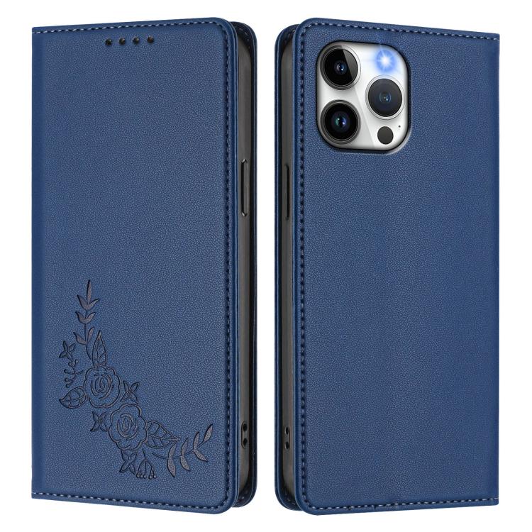 For iPhone 13 Pro Max Peony Embossed Magnetic RFID Vegan Leather Phone Case