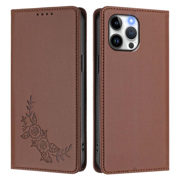 For iPhone 13 Pro Max Peony Embossed Magnetic RFID Vegan Leather Phone Case