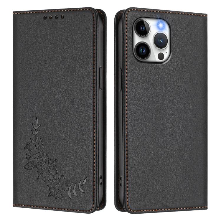 For iPhone 13 Pro Max Peony Embossed Magnetic RFID Vegan Leather Phone Case