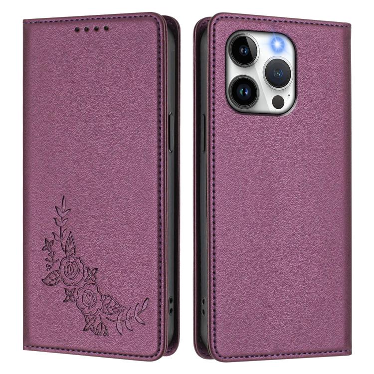 For iPhone 13 Pro Peony Embossed Magnetic RFID Vegan Leather Phone Case